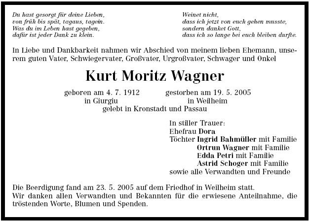 Wagner Kurt Moritz 1912-2005 Todesanzeige